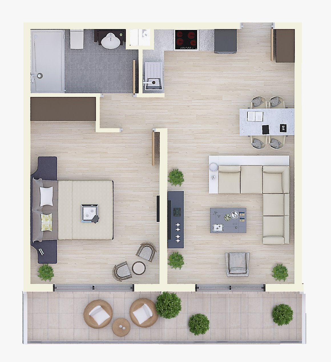 Poglądowy rzut apartamentu 1+1 z osobną sypialnią, częścią dzienną i balkonem